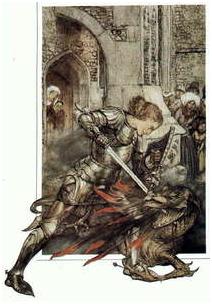   ( 69kb  ). Arthur Rackham, from The Romance of King Arthur and His Knights of the Round Table, abridged from Malory's Morte d'Arthur by A. W. Pollard, Macrnillan and Co., 1917, byper mission of Barbara Edwards, cour- . lesy Victoria and Albert Museum, London