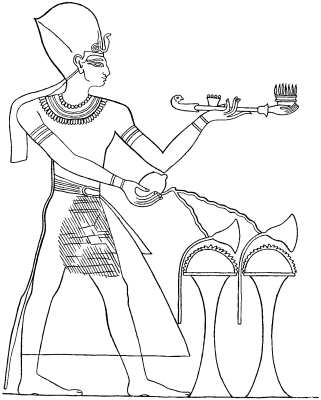 Fig. 1.The conventional Egyptian representation of
the Burning of Incense and the Pouring of Libations (Period of the
New Empire)after Lepsius