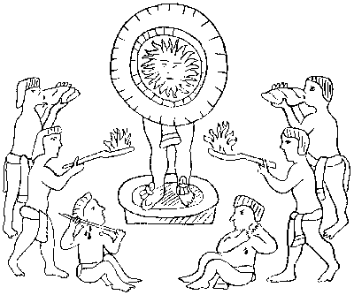 Fig. 6.Representation of the ancient Mexican
Worship of the Sun. The image of the sun is held up by a man in front of his face; two men
blow conch-shell trumpets; another pair burn incense; and a third pair
make blood-offerings by piercing their earsafter Zelia Nuttall.