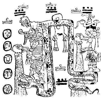 Fig. 11.Reproduction of a Picture in the Maya Codex
Troano representing the Rain-god Chac treading upon the Serpent's
head, which is interposed between the earth and the rain the god is
pouring out of a bowl. A Rain-goddess stands upon the Serpent's
tail.
