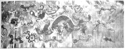 Fig. 15.Photograph of a Chinese Embroidery in the
Manchester School of Art representing the Dragon and the Pearl-Moon
Symbol.