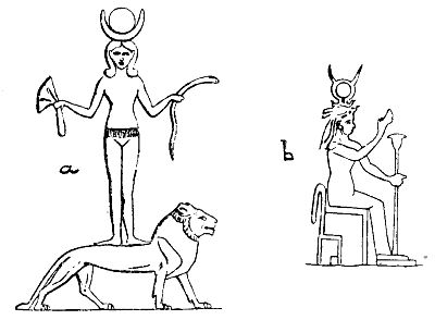 Fig. 4.Two representations of Astarte
(Qetesh).
(a) The mother-goddess standing upon a lioness (which is her Sekhet
form): she is wearing her girdle, and upon her head is the moon and the
cow's horns, conventionalized so as to simulate the crescent moon. Her
hair is represented in the conventional form which is sometimes used as
Hathor's symbol. In her hands are the serpent and the lotus, which again
are merely forms of the goddess herself.
(b) Another picture of Astarte (from Roscher's "Lexikon") holding the
papyrus sceptre which at times is regarded as an animate form of the
mother-goddess herself and as such a thunder weapon.
