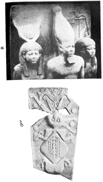 Fig. 21.(a) A slate triad found by
Professor G. A. Reisner in the temple of the Third Pyramid at Giza. It
shows the Pharaoh Mycerinus supported on his right side by the goddess
Hathor, represented as a woman with the moon and the cow's horns upon
her head, and on the left side by a nome goddess, bearing upon her head
the jackal-symbol of her nome.
(b) The Ecuador Aphrodite. Bas-relief from Cerro Jaboncillo (after
Saville, "Antiquities of Manabi, Ecuador," Preliminary Report, 1907,
Plate XXXVIII).
A grotesque composite monster intended to represent a woman (compare
Saville's Plates XXXV, XXXVI, and XXXIX), whose head is a
conventionalized Octopus, whose body is a Loligo, and whose limbs are
human.