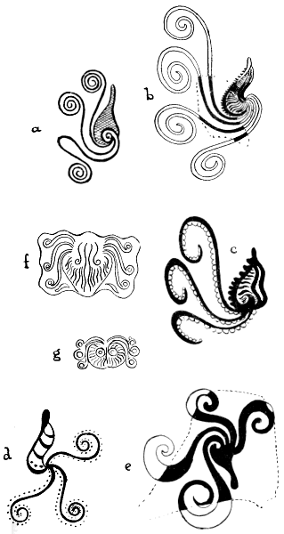 Fig. 23.A series of Mycenæan conventionalizations
of the Argonaut and the Octopus (after Tümpel), which provided the basis
for Houssay's theory of the origin of the triskele (a, c,
and d) and swastika (b and e), and
Siret's theory to explain the design of Bes's face (f
and g)
