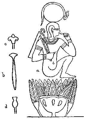Fig. 7.
(a) An Egyptian design representing the sun-god Horus emerging from a
lotus, representing his mother Hathor (Isis).
(b) Papyrus sceptre often carried by goddesses and animistically
identified with them either as an instrument of life-giving or
destruction.
(c) Conventionalized lilythe prototype of the trident and the
thunder-weapon.
(d) A water-plant associated with the Nile-gods.