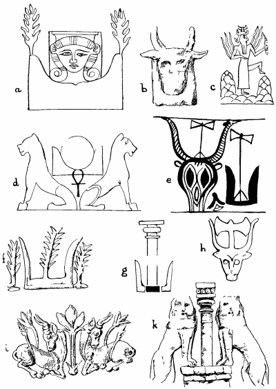 Fig. 26.
(a) An Egyptian picture of Hathor between the mountains of the horizon
(on which trees are growing) (after Budge, "Gods of the Egyptians," Vol.
II, p. 101). [This is a part only of a scene in which the goddess Nut is
giving birth to the sun, whose rays illuminate Hathor on the horizon, as
Sothis, the "Opener of the Way" for the sun.
(b) The mountains of the horizon supporting a cow's head as a
surrogate of Hathor, from a stele found at Teima in Northern Arabia, now
in the Louvre (after Sir Arthur Evans, op. cit., p. 39). This
indicates the identity of what Evans calls "the horns of consecration"
and the "mountains of the horizon," and also suggests how confusion may
have arisen between the mountains and the cow's horns.
(c) The Mesopotamian sun-god Shamash rising between the Eastern
Mountains, the Gates of Dawn (Ward, op. cit., p. 373).
(d) The familiar Egyptian representation of the sun rising between the
Eastern Mountains (the splitting of the mountain giving birth to "the
ridiculous mouse"Smintheus). The ankh (life-sign) below the sun is
the determinative of the act of giving birth or life. The design is
heraldically supported by the Great Mother's lionesses.
(e) Part of the design from a Mycenæan vase from Old Salamis (after
Evans, p. 9). The cow's head and the Eastern Mountains are shown
alongside one another, each of them supporting the Double Axe
representing the god.
(f) Part of the design from a lentoid gem from the Idæan Cave, now in
the Candia Museum (after Evans, Fig. 25). If this design be compared
with the Egyptian picture (a), it will be seen that Hathor's place is
taken by the tree-form of the Great Mother, and the trees which in the
former (a) are growing upon the Eastern Mountains are now placed
alongside the "horns". In the complete design (vide Evans, op. cit.,
p. 44) a votary is represented blowing a conch-shell trumpet to animate
the deity in the sacred tree.
(g) The Eastern Mountains supporting the pillar-form of the goddess
(after Evans, Fig. 66).
(h) Another Mycenæan design comparable with (e).
(i) Design from a signet-ring from Mycenæ (after Evans, Fig. 34). If
this be compared with the Egyptian picture (a) it will be noted that
the Great Mother is now replaced by a tree: the Eastern Mountains by
bulls, from whose backs the trees of the Eastern Mountains are
sprouting. This design affords interesting corroboration of the
suggestion that the Eastern Mountains may be confused with the cow's
head (see b and c) or with the cow itself. Newberry (Annals of
Archæology and Anthropology, Liverpool, Vol. I, p. 28) has called
attention to the intimate association (in Protodynastic Egypt) of the
Eastern Mountains, the Bull and the Double Axea certain token of
cultural contact with Crete.
(k) The famous sculpture above the Lion Gate at Mycenæ. The pillar
form of the Great Mother heraldically supported by her lioness-avatars,
which correspond to the cattle of the design (i) and the Eastern
Mountains of (a). The use of this design above the lintel of the gate
brings it into homology with the Winged Disk. The Pillar represents the
Goddess, as the Disk represents her Egyptian locum tenens, Horus; her
destructive representatives (the lionesses) correspond to the two uræi
of the Winged Disk design.