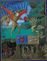 Saint Michel combattant le dragon.  Heures d'Etienne Chevalier, enluminees par Jean Fouquet.  Londres, Upton House, Collection Lord Bearsted, Cat. n184